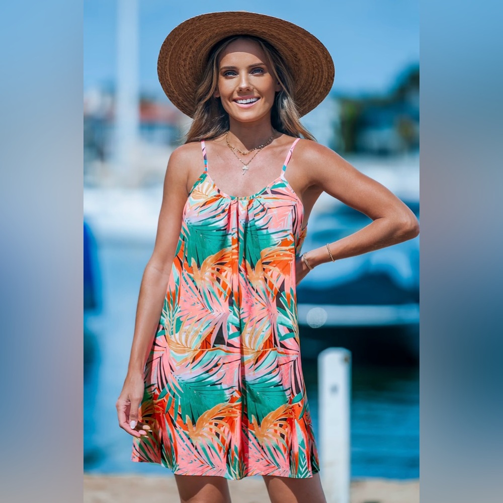 NWT Tropical Round Neck Mini Leaf Print Sun Dress/cover up